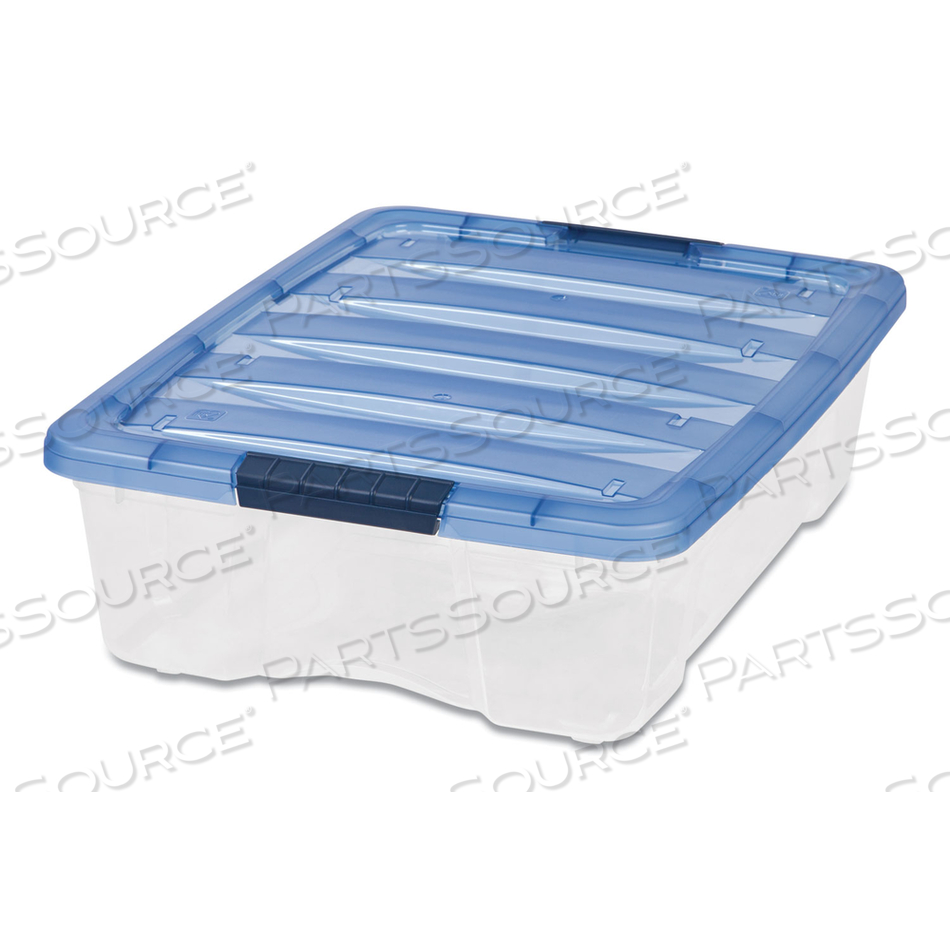 STACK AND PULL LATCHING FLAT LID STORAGE BOX, 6.73 GAL, 16.5" X 22" X 6.5", CLEAR/TRANSLUCENT BLUE by Iris USA, Inc STACK AND PULL LATCHING FLAT LID STORAGE BOX, 6.73 GAL, 16.5" X 22" X 6.5", CLEAR/TRANSLUCENT BLUE by Iris USA, Inc