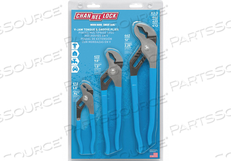 TONGUE AND GROOVE PLIER SET, ADJUSTMENT MECHANISM SELF ADJUSTING, JAW TEXTURE SERRATED, JAW SHAPE V, OVERALL LENGTH 6 1/2 IN, 9 1/2 IN, 12 I by Channellock Inc. TONGUE AND GROOVE PLIER SET, ADJUSTMENT MECHANISM SELF ADJUSTING, JAW TEXTURE SERRATED, JAW SHAPE V, OVERALL LENGTH 6 1/2 IN, 9 1/2 IN, 12 I by Channellock Inc.