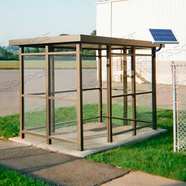 HEAVY DUTY BUS SMOKING SHELTER WITH SOLAR LED, FLAT, 4-SIDE, RIGHT FRONT OPEN, 5' X 12', BRONZE 