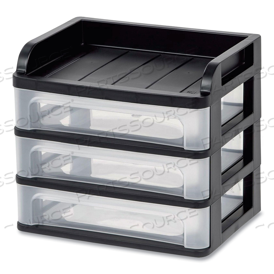 MEDIUM THREE-DRAWER DESKTOP STORAGE, 3 SECTIONS, LETTER SIZE FILES, 14.25 X 11.88 X 11.25, BLACK/CLEAR MEDIUM THREE-DRAWER DESKTOP STORAGE, 3 SECTIONS, LETTER SIZE FILES, 14.25 X 11.88 X 11.25, BLACK/CLEAR