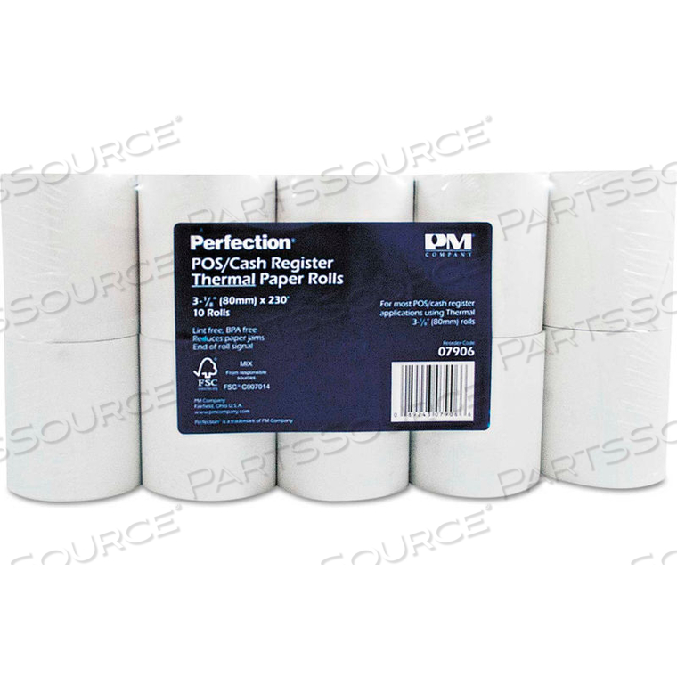 SINGLE-PLY THERMAL CASH REGISTER/POS ROLLS, 3-1/8" X 230', WHITE, 10/PACK by PM Company