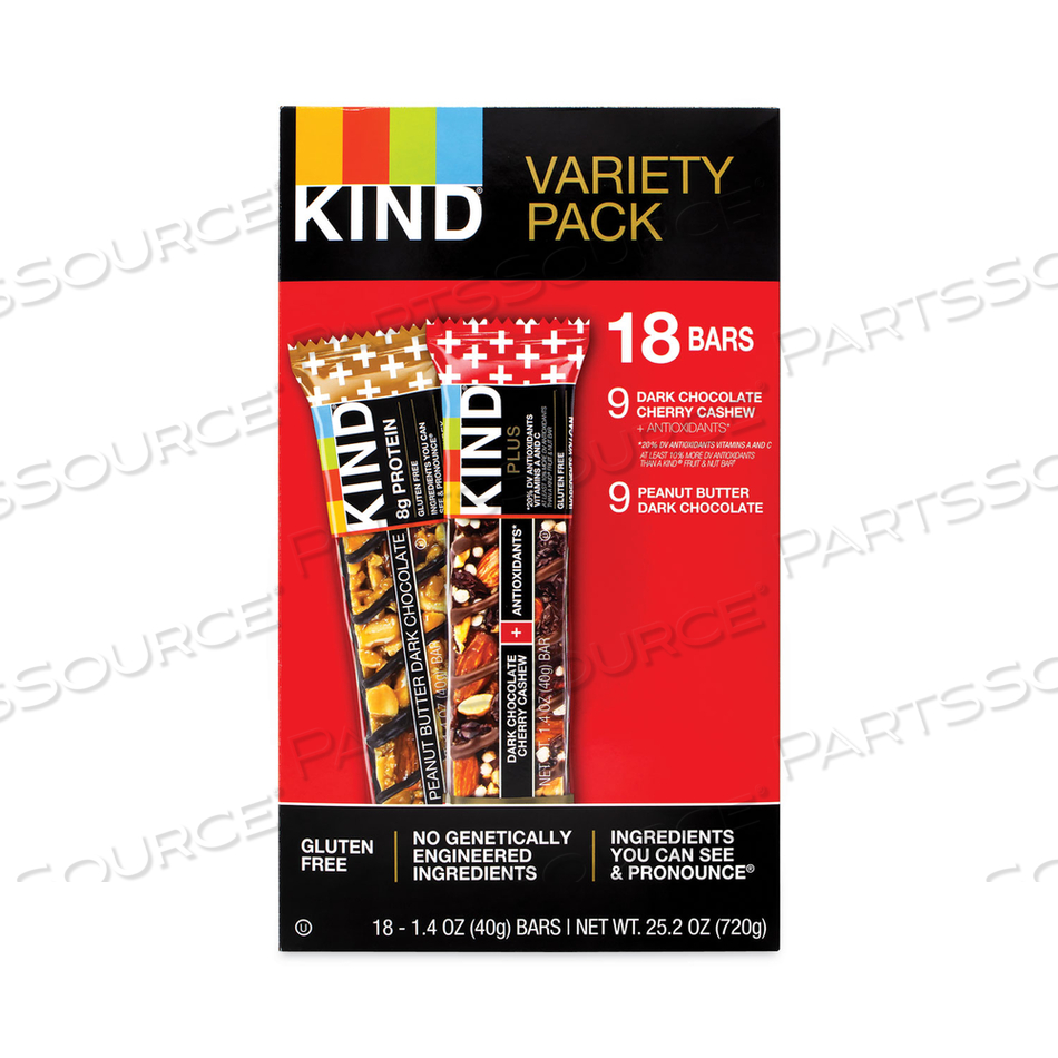 VARIETY PACK, DARK CHOCOLATE CHERRY CASHEW/PEANUT BUTTER DARK CHOCOLATE, 1.4 OZ, 18 BARS/BOX 