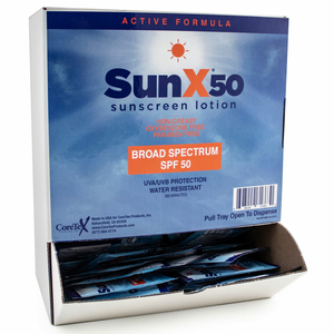 SUN X 50 SUNSCREEN LOTION, SPF 50 LOTION, POUCH, WALLMOUNT BOX, 50 PACKETS by Coretex Products