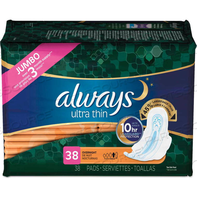 ULTRA THIN OVERNIGHT PADS WITH WINGS, 38 PADS/PACK, 6 PACKS/CASE 