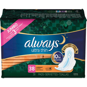 ULTRA THIN OVERNIGHT PADS WITH WINGS, 38 PADS/PACK, 6 PACKS/CASE by Always