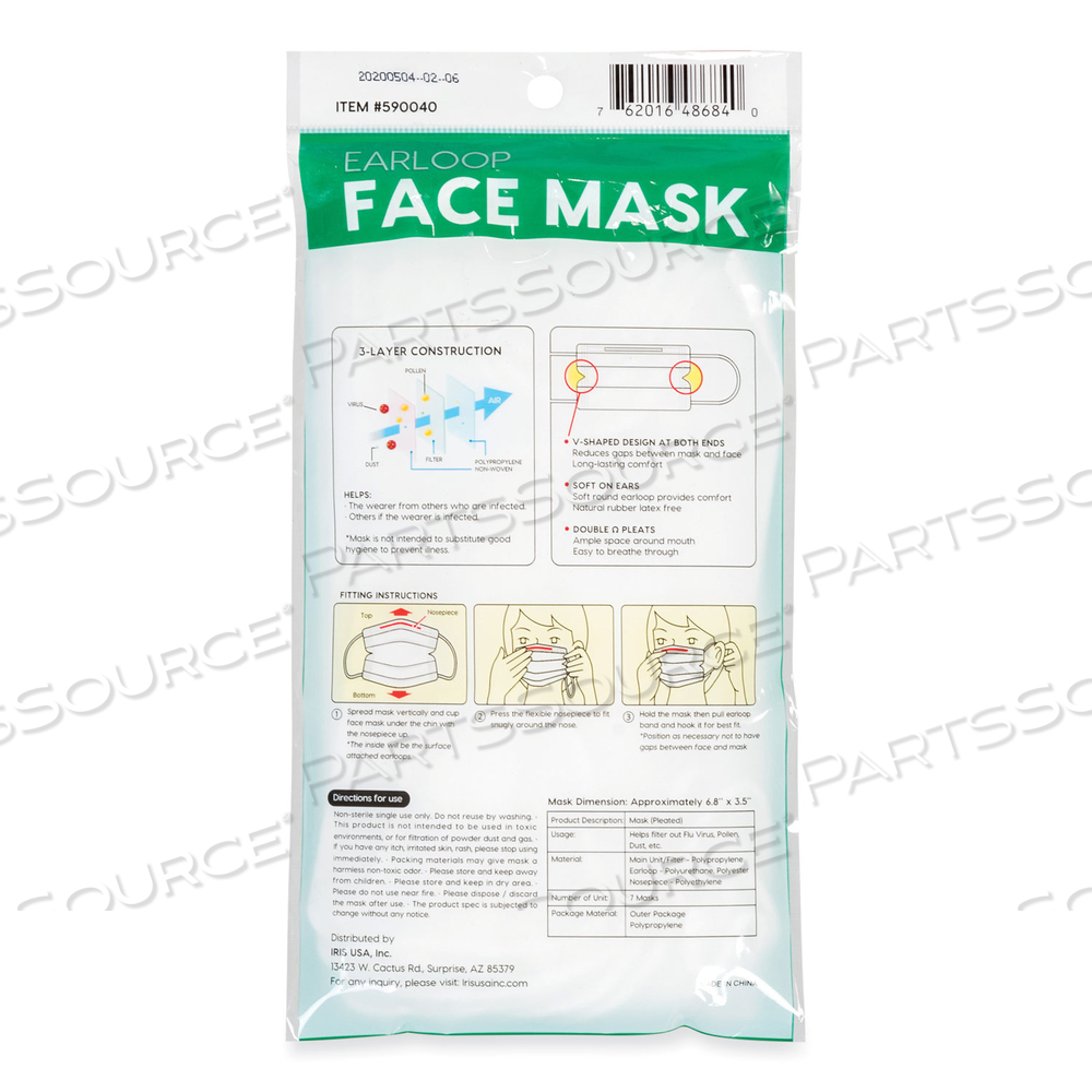 EARLOOP DISPOSABLE FACE MASK, 3-PLY NON-WOVEN, LARGE, 7/PACK 