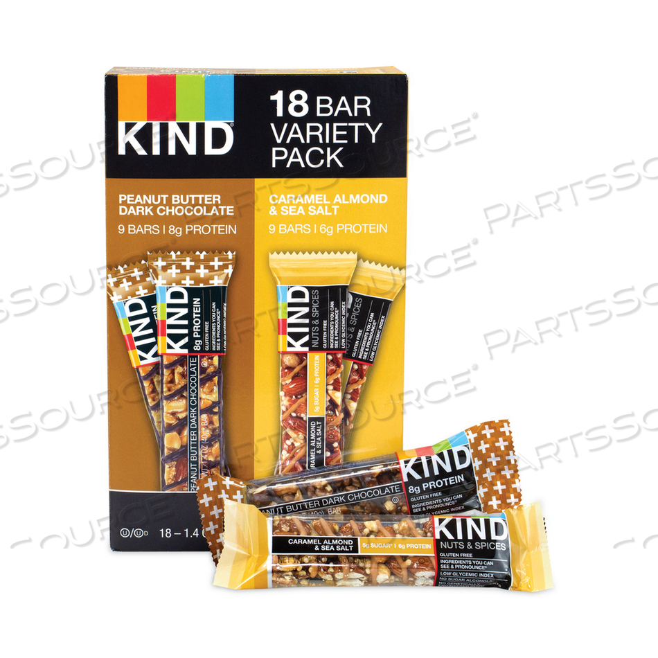 VARIETY PACK, CARAMEL ALMOND SEA SALT/PEANUT BUTTER DARK CHOCOLATE, 1.4 OZ BAR, 18 BARS/BOX 