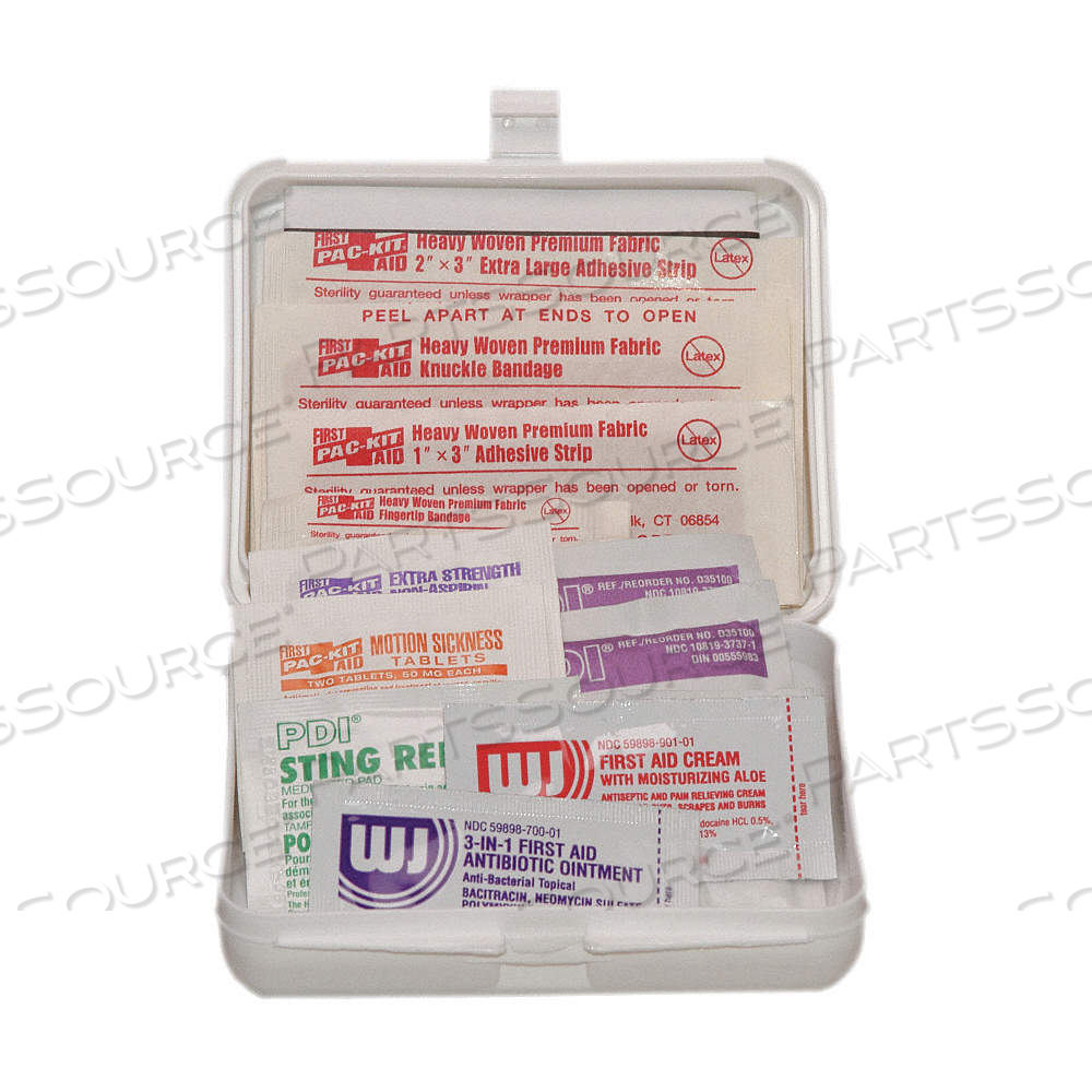 FIRST AID KIT AND HOUSING, INDUSTRIAL, 5 PEOPLE SERVED, 32 COMPONENTS, PLASTIC by Approved Vendor