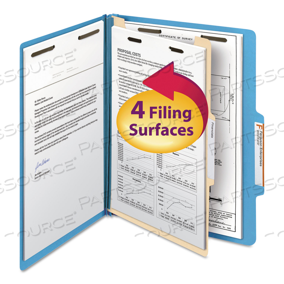 TOP TAB CLASSIFICATION FOLDERS, FOUR SAFESHIELD FASTENERS, 2" EXPANSION, 1 DIVIDER, LETTER SIZE, BLUE EXTERIOR by Smead