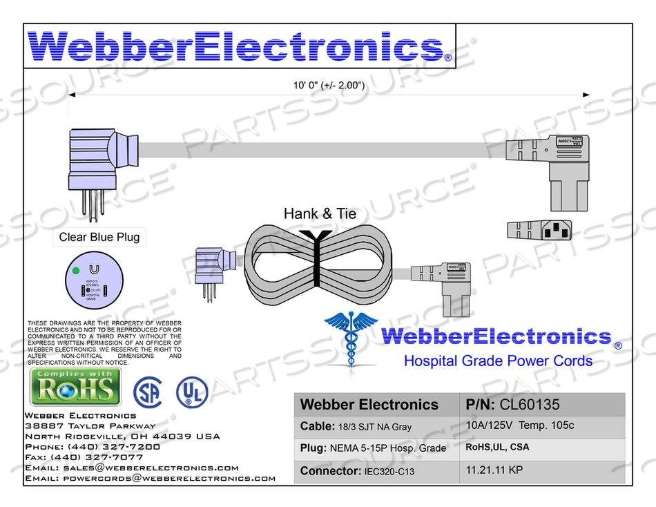 POWER CORD, CLEAR BLUE, 3.05M/10FT SIZE, 18/3AWG GAUGE SIZE, IEC320-C13 STANDARD, SJT JACKET TYPE, NEMA 5-15P NEMA RATING by Webber Electronics POWER CORD, CLEAR BLUE, 3.05M/10FT SIZE, 18/3AWG GAUGE SIZE, IEC320-C13 STANDARD, SJT JACKET TYPE, NEMA 5-15P NEMA RATING by Webber Electronics