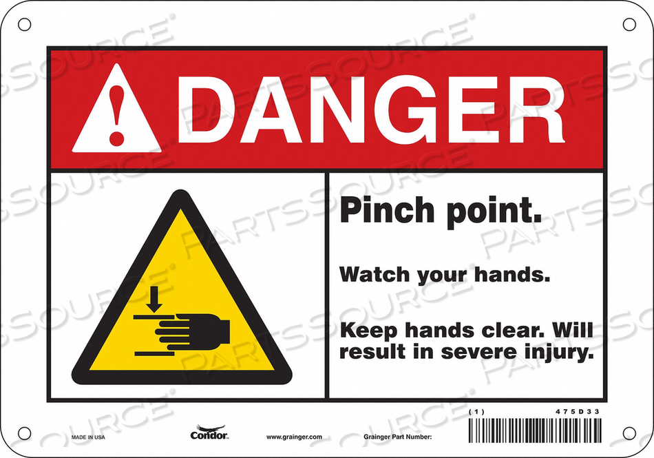 SAFETY SIGN, VERTICAL RECTANGLE, NUMBER OF PRINTED SIDES 1, ENGLISH, SIGN FORMAT ANSI/OSHA FORMAT, SIGN LEGEND PINCH POINT WATCH YOUR HANDS by Condor SAFETY SIGN, VERTICAL RECTANGLE, NUMBER OF PRINTED SIDES 1, ENGLISH, SIGN FORMAT ANSI/OSHA FORMAT, SIGN LEGEND PINCH POINT WATCH YOUR HANDS by Condor