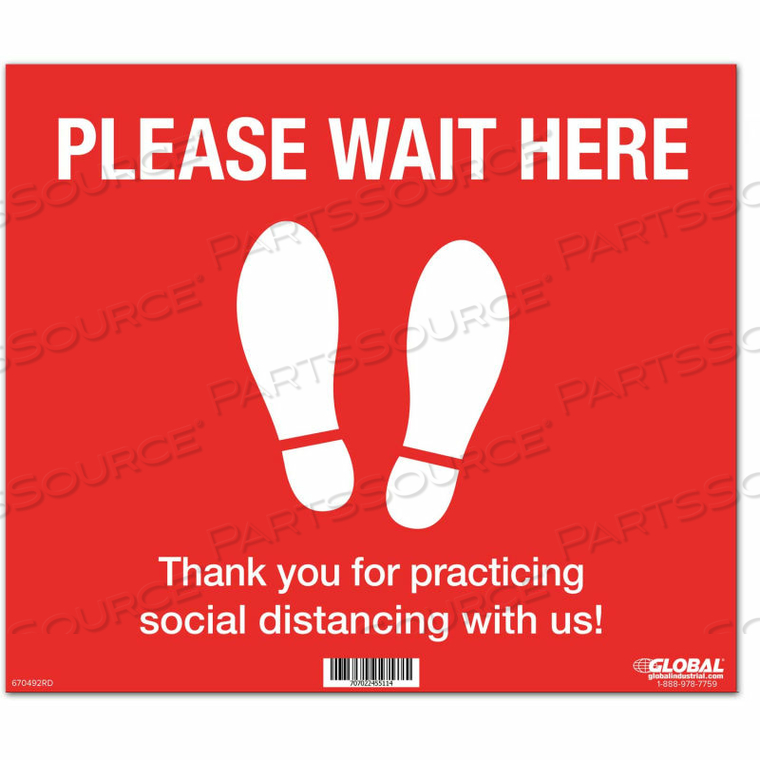 RED PLEASE WAIT HERE FLOOR SIGN, 14"W X 12"H, VINYL ADHESIVE by The Magnet Group