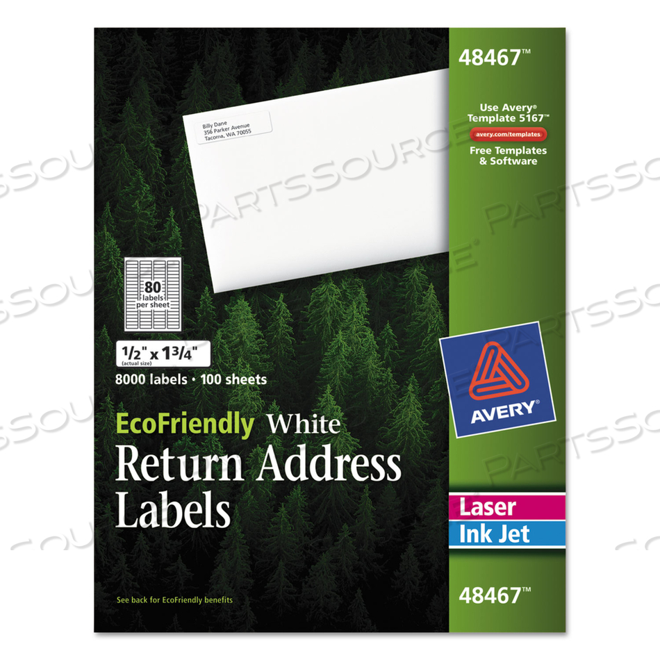 ECOFRIENDLY MAILING LABELS, INKJET/LASER PRINTERS, 0.5 X 1.75, WHITE, 80/SHEET/PACK by Avery ECOFRIENDLY MAILING LABELS, INKJET/LASER PRINTERS, 0.5 X 1.75, WHITE, 80/SHEET/PACK by Avery