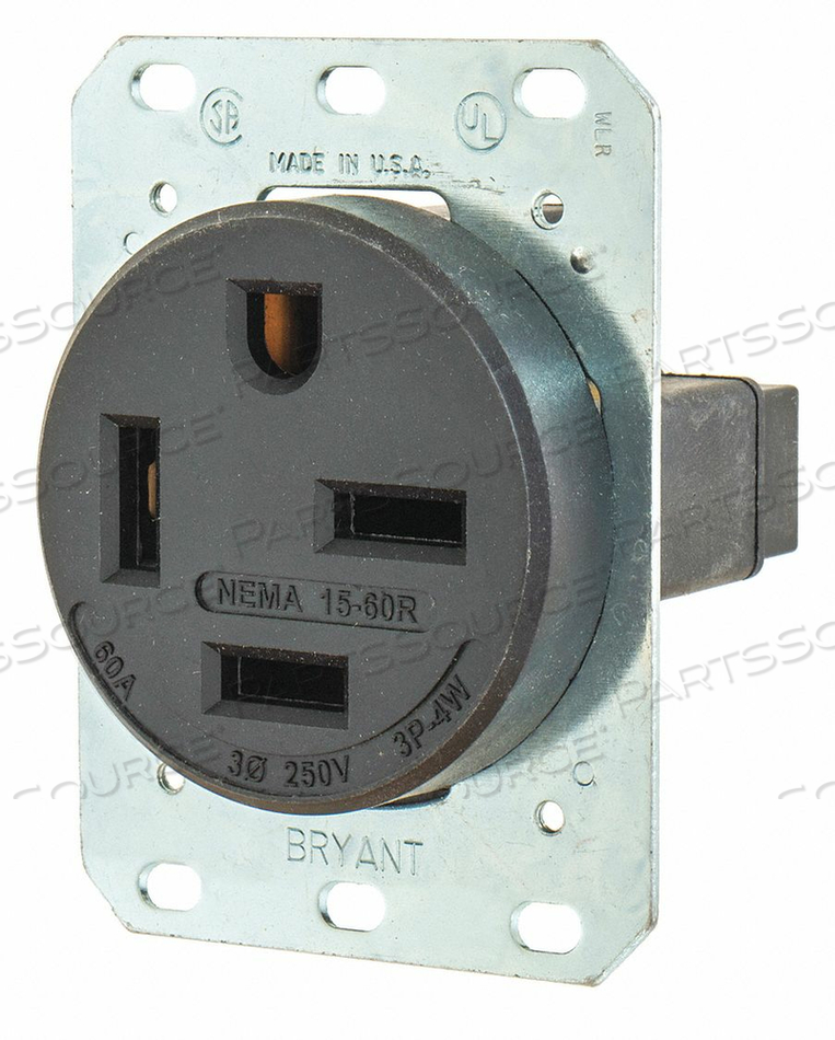RECEPTACLE, SINGLE, 15-60R, 250V AC, 60 A, BLACK, 3 POLE / 4 WIRE, SCREW TERMINALS by Hubbell Power Systems
