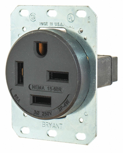 RECEPTACLE, SINGLE, 15-60R, 250V AC, 60 A, BLACK, 3 POLE / 4 WIRE, SCREW TERMINALS by Hubbell Power Systems RECEPTACLE, SINGLE, 15-60R, 250V AC, 60 A, BLACK, 3 POLE / 4 WIRE, SCREW TERMINALS by Hubbell Power Systems