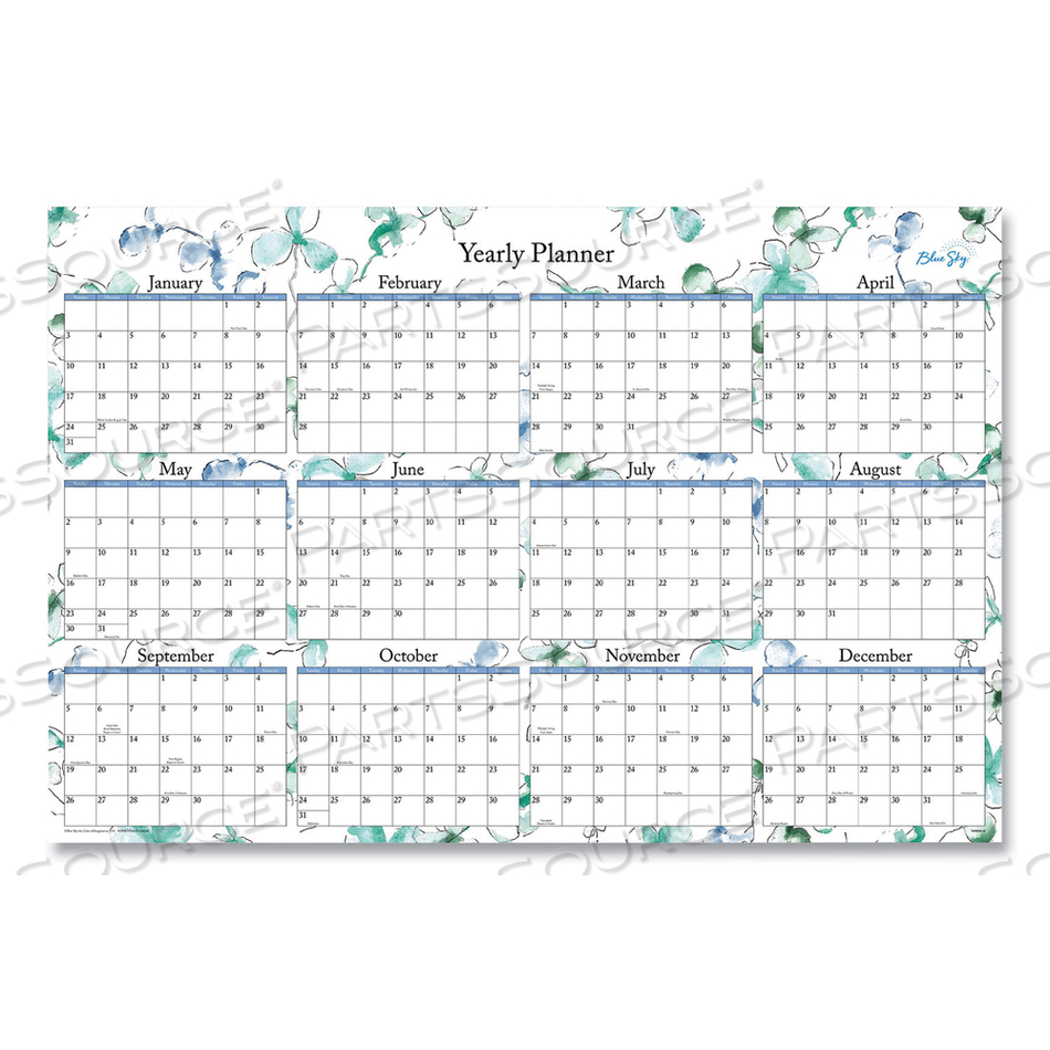 LINDLEY LAMINATED ERASABLE WALL CALENDAR, LINDLEY FLORAL ARTWORK, 36 X 24, WHITE/BLUE/GREEN SHEETS, 12-MONTH (JAN-DEC): 2023 