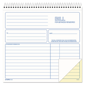 BILL FOR SERVICES RENDERED BOOK, TWO-PART CARBONLESS, 8.5 X 7.75, 50 FORMS TOTAL by Tops