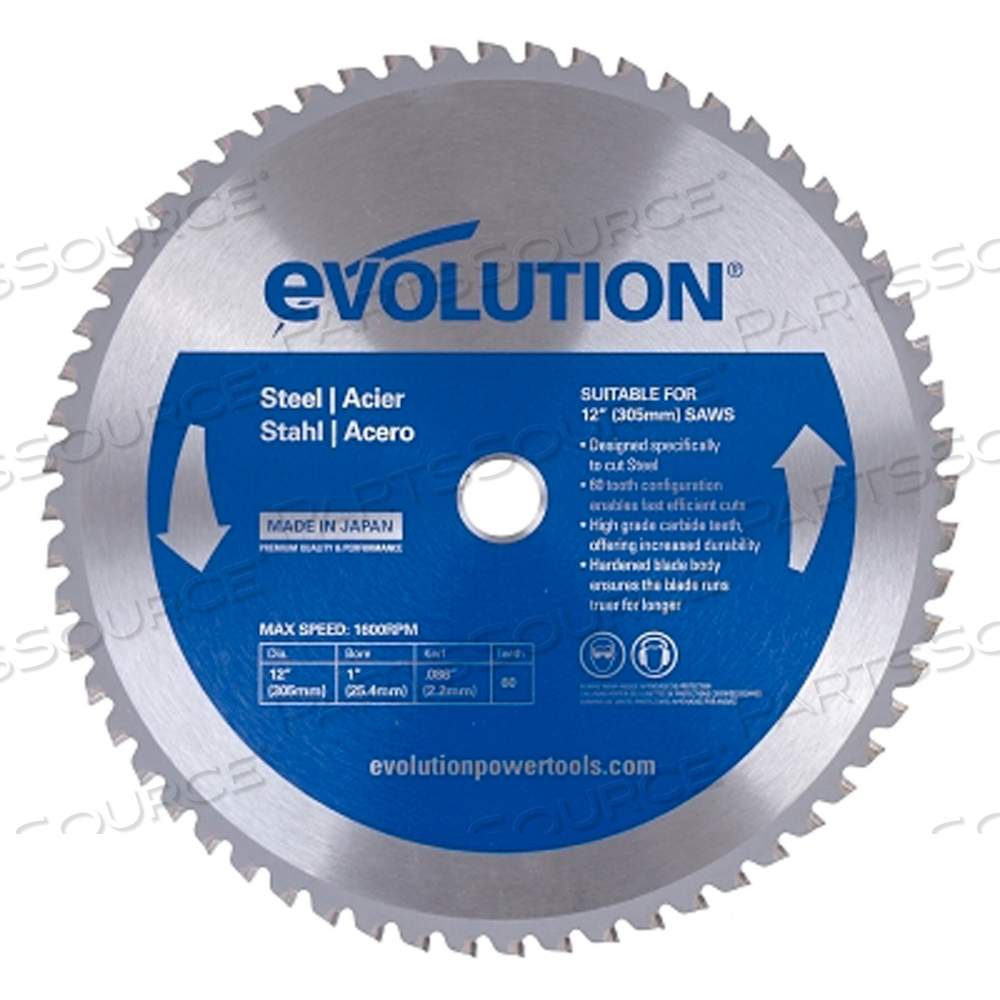 TCT METAL-CUTTING BLADE, 12 IN, 1 IN ARBOR, 1600 RPM, 60 TEETH by Evolution TCT METAL-CUTTING BLADE, 12 IN, 1 IN ARBOR, 1600 RPM, 60 TEETH by Evolution