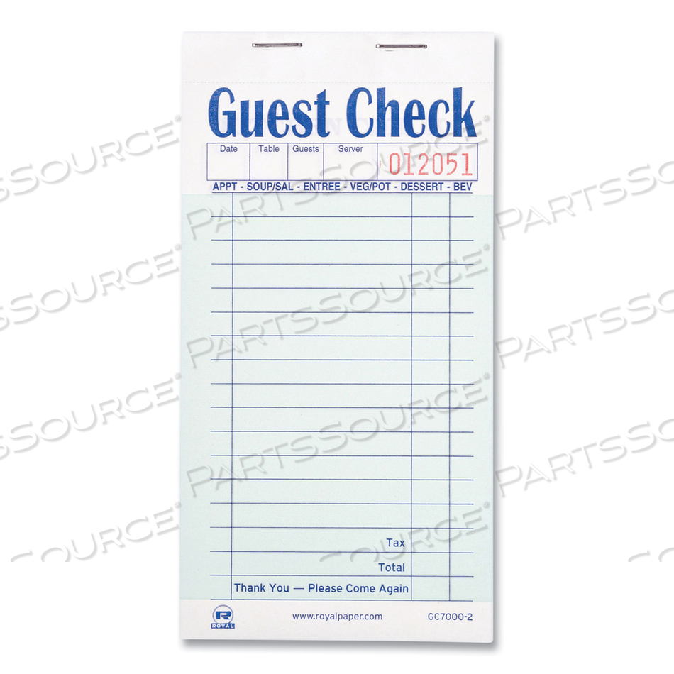 GUEST CHECK PAD, 17 LINES, TWO-PART CARBONLESS, 3.6 X 6.7, 50 FORMS/PAD by Royal Paper