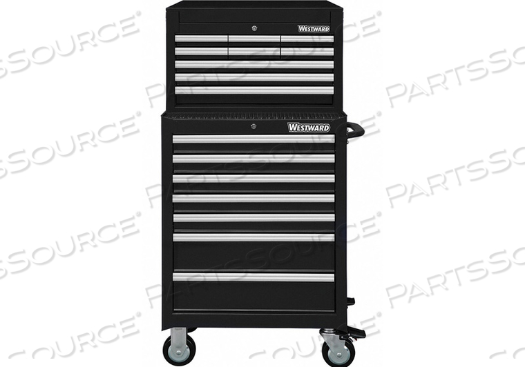 TOOL CHEST AND CABINET COMBINATION, LIGHT DUTY, POWDER COATED BLACK, 26 3/4 IN W X 18 IN D X 55 7/8 IN H, BODY COLOR BLACK, BODY FINISH POWD by Westward TOOL CHEST AND CABINET COMBINATION, LIGHT DUTY, POWDER COATED BLACK, 26 3/4 IN W X 18 IN D X 55 7/8 IN H, BODY COLOR BLACK, BODY FINISH POWD by Westward