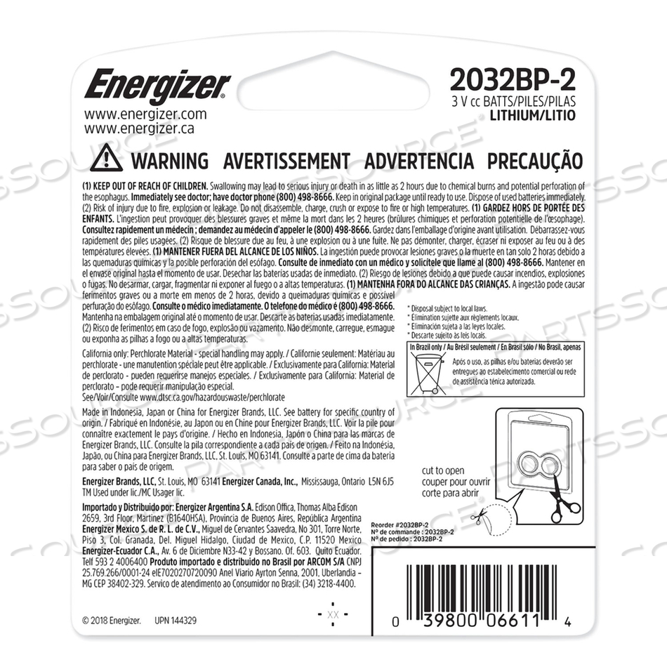 2032 LITHIUM COIN BATTERY, 3 V by Energizer