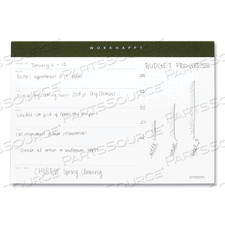 WORK HAPPY PAPER DESK PAD PLANNER, 10 X 7, COAST WHITE/CHARCOAL SHEETS, OLIVE BINDING, UNDATED 