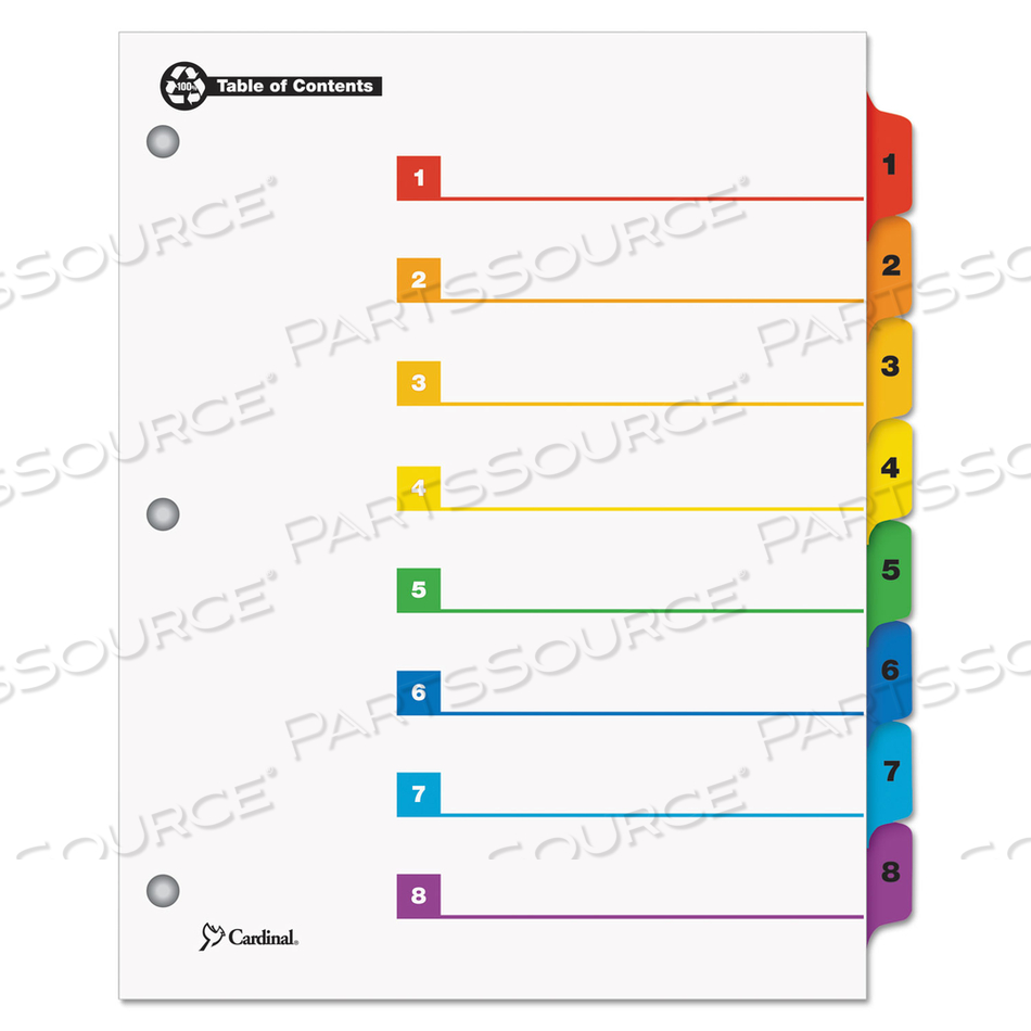 ONESTEP 100% RECYCLED PRINTABLE TABLE OF CONTENTS DIVIDERS, 8-TAB, 1 TO 8, 11 X 8.5, WHITE, 1 SET 