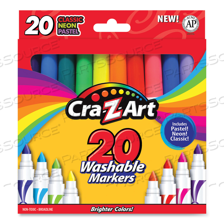 WASHABLE MARKERS, BROAD BULLET TIP, ASSORTED CLASSIC/NEON/PASTEL COLORS, 20/SET by Cra-Z-Art WASHABLE MARKERS, BROAD BULLET TIP, ASSORTED CLASSIC/NEON/PASTEL COLORS, 20/SET by Cra-Z-Art
