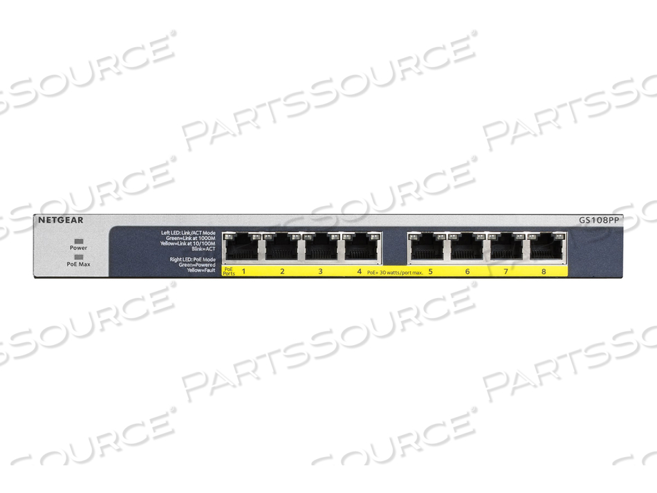 GS108PP, SWITCH, 8 X 10/100/1000 (POE+), DESKTOP, RACK-MOUNTABLE, WALL-MOUNTABLE, POE+ (123 W), 54 V (POE+) by Netgear