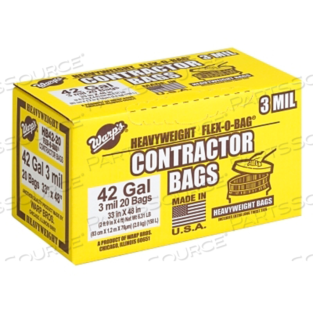 FLEX-O-BAG CONTRACTOR BAG, 42 GAL, 3 MIL THICK, 33 IN W X 48 IN H, BLACK 