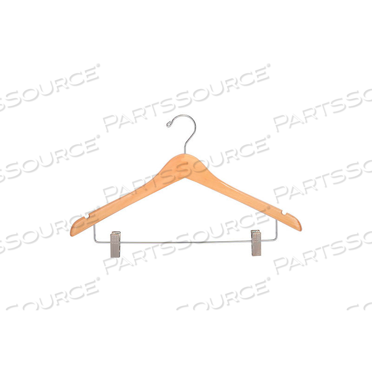 17" WOOD HANGER FOR LADIES' SUIT/SKIRT, STANDARD HOOK, NATURAL W/ CHROME HARDWARE, 100/CASE 