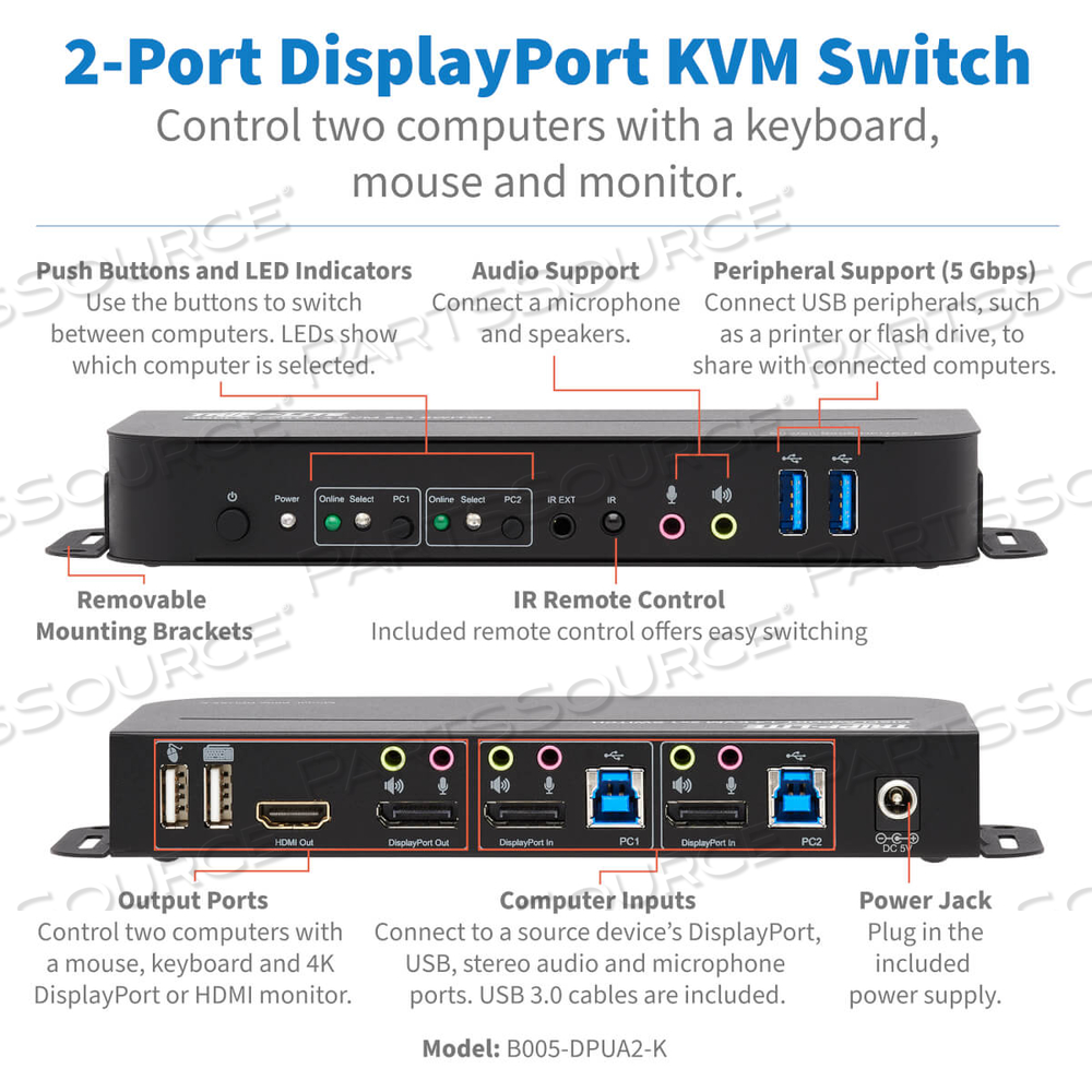DISPLAYPORT USB KVM SWITCH 2-PORT 4K 60HZ HDR DP 1.4 USB CABLES by Tripp Lite