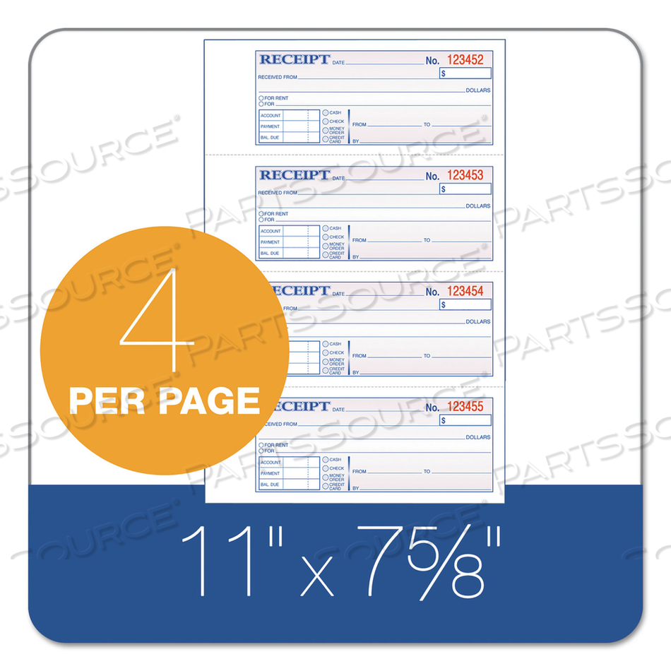 RECEIPT BOOK, THREE-PART CARBONLESS, 7.19 X 2.75, 4 FORMS/SHEET, 100 FORMS TOTAL by Adams RECEIPT BOOK, THREE-PART CARBONLESS, 7.19 X 2.75, 4 FORMS/SHEET, 100 FORMS TOTAL by Adams