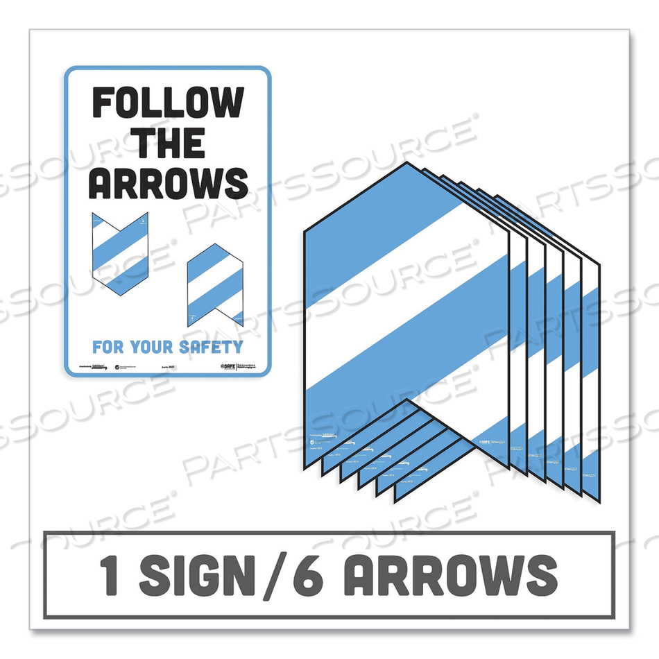 BESAFE MESSAGING EDUCATION FLOOR ARROWS AND WALL SIGN, FOLLOW THE ARROWS FOR YOUR SAFETY, 12X18, WHITE/BLUE, 6 ARROWS, 1 SIGN 