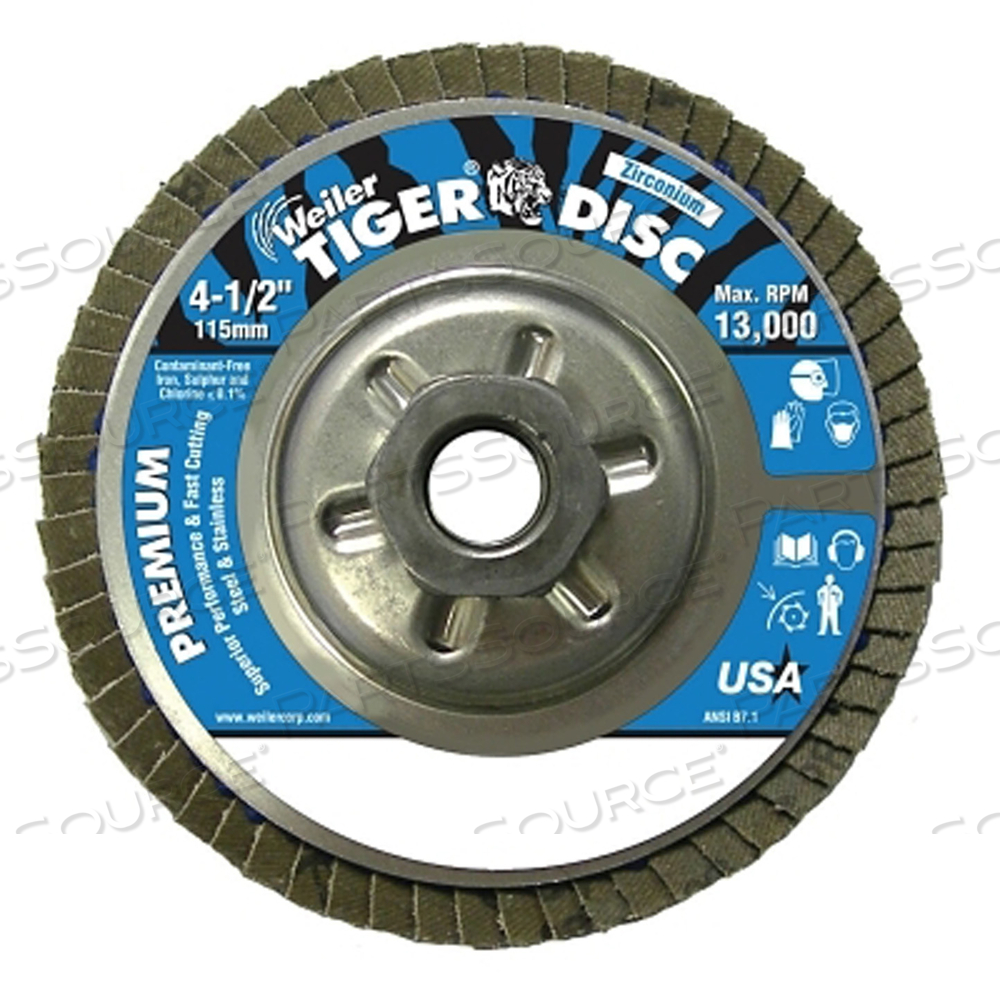 TIGER DISC ANGLED STYLE FLAP DISC, 4-1/2 IN DIA, 120 GRIT, 5/8 IN-11, 13000 RPM, TYPE 29 by Weiler