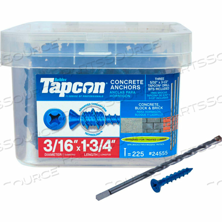 TAPCON CONCRETE ANCHOR - 3/16 X 1-3/4" - PHILLIPS FLAT HEAD - PKG OF 225 by ITW TAPCON CONCRETE ANCHOR - 3/16 X 1-3/4" - PHILLIPS FLAT HEAD - PKG OF 225 by ITW