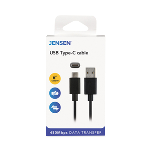 USB-A TO USB-C CABLE, 6 FT, BLACK by Jensen