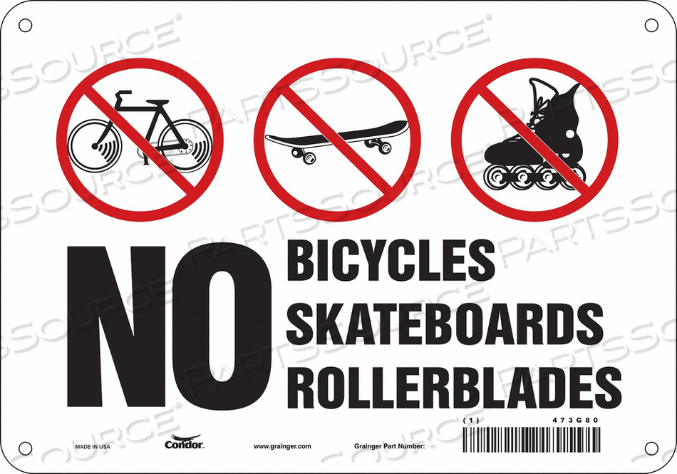 SAFETY SIGN, VERTICAL RECTANGLE, NUMBER OF PRINTED SIDES 1, ENGLISH, SIGN LEGEND NO BICYCLES SKATEBOARDS ROLLERBLADES, SIGN LEGEND BACKGROUN by Condor SAFETY SIGN, VERTICAL RECTANGLE, NUMBER OF PRINTED SIDES 1, ENGLISH, SIGN LEGEND NO BICYCLES SKATEBOARDS ROLLERBLADES, SIGN LEGEND BACKGROUN by Condor