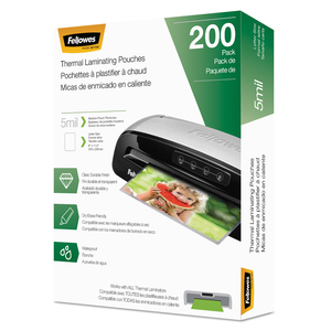 LAMINATING POUCHES, 5 MIL, 9" X 11.5", GLOSS CLEAR, 200/PACK by Fellowes LAMINATING POUCHES, 5 MIL, 9" X 11.5", GLOSS CLEAR, 200/PACK by Fellowes
