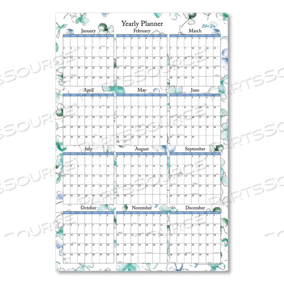 LINDLEY LAMINATED ERASABLE WALL CALENDAR, LINDLEY FLORAL ARTWORK, 36 X 24, WHITE/BLUE/GREEN SHEETS, 12-MONTH (JAN-DEC): 2023 