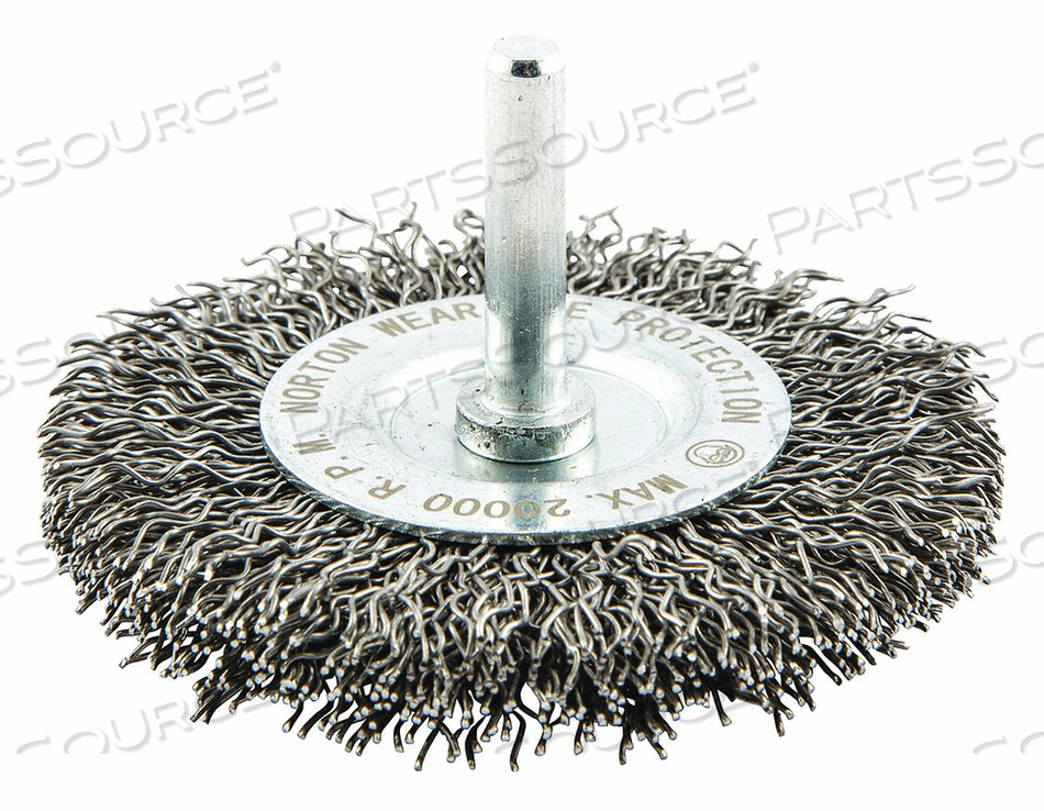 END BRUSH, CRIMPED STEEL, 3 IN DIA, 1/4 IN SHANK, 0.02 IN FILL by Norton | Saint-Gobain Abrasives END BRUSH, CRIMPED STEEL, 3 IN DIA, 1/4 IN SHANK, 0.02 IN FILL by Norton | Saint-Gobain Abrasives