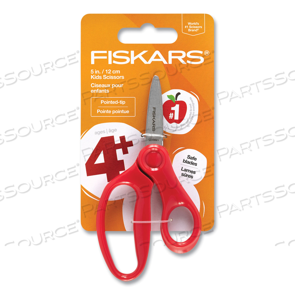 KIDS SCISSORS, POINTED TIP, 5" LONG, 1.75" CUT LENGTH, STRAIGHT HANDLES, RANDOMLY ASSORTED COLORS by Fiskars