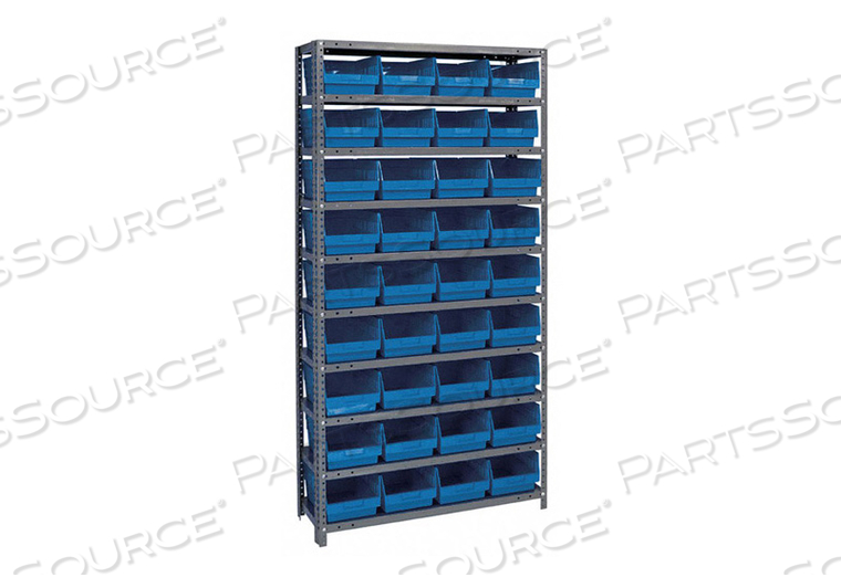 1875-208 STEEL SHELVING WITH 36 6"H SHELF BINS BLUE, 36X18X75-10 SHELVES by Quantum Storage Systems 1875-208 STEEL SHELVING WITH 36 6"H SHELF BINS BLUE, 36X18X75-10 SHELVES by Quantum Storage Systems