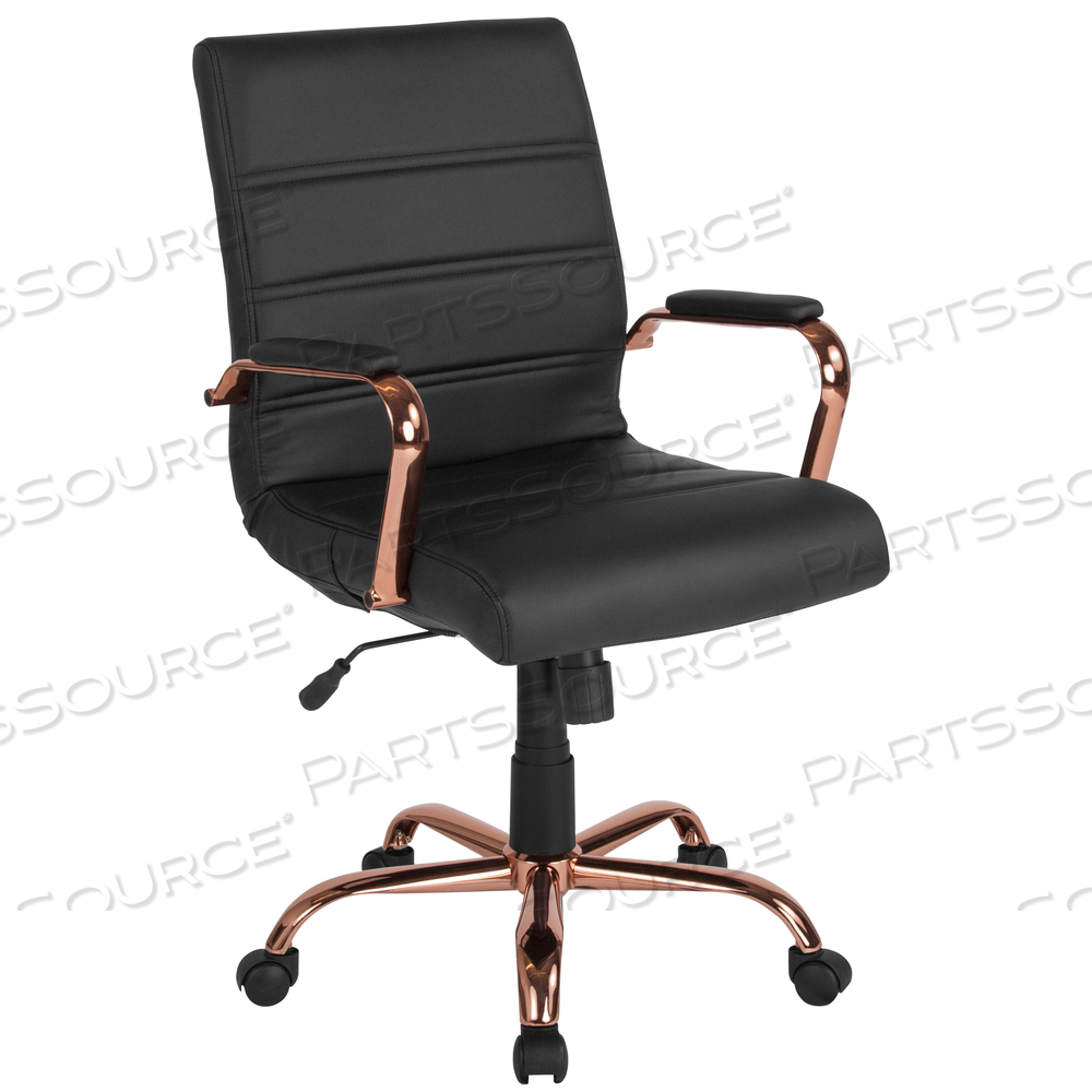WHITNEY MID-BACK BLACK LEATHERSOFT EXECUTIVE SWIVEL OFFICE CHAIR WITH ROSE GOLD FRAME AND ARMS by Flash Furniture WHITNEY MID-BACK BLACK LEATHERSOFT EXECUTIVE SWIVEL OFFICE CHAIR WITH ROSE GOLD FRAME AND ARMS by Flash Furniture