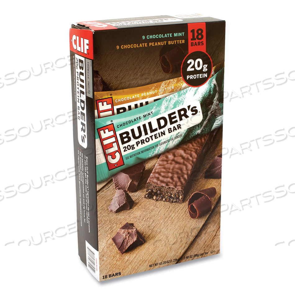 BUILDERS PROTEIN BAR, CHOCOLATE MINT/CHOCOLATE PEANUT BUTTER, 2.4 OZ BAR, 18 BARS/BOX 