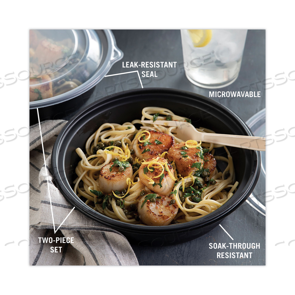 EARTHCHOICE MEALMASTER CONTAINER WITH LID, 32 OZ, 8" DIA X 2.12" H, 1-COMPARTMENT, BLACK/CLEAR, PLASTIC by Pactiv EARTHCHOICE MEALMASTER CONTAINER WITH LID, 32 OZ, 8" DIA X 2.12" H, 1-COMPARTMENT, BLACK/CLEAR, PLASTIC by Pactiv