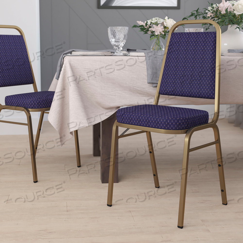 HERCULES SERIES TRAPEZOIDAL BACK STACKING BANQUET CHAIR IN NAVY PATTERNED FABRIC - GOLD FRAME by Flash Furniture