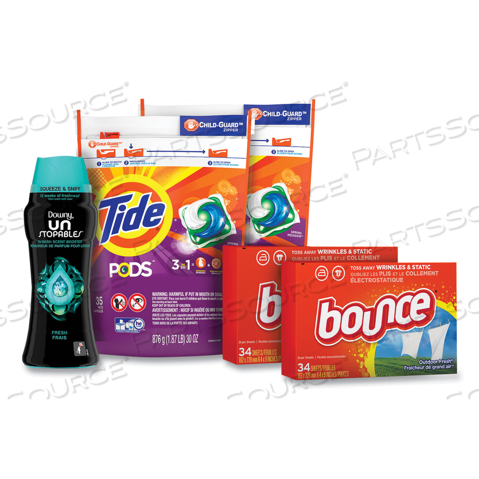 BETTER TOGETHER LAUNDRY CARE BUNDLE, (2) BAGS TIDE PODS, (2) BOXES BOUNCE DRYER SHEETS, (1) BOTTLE DOWNY UNSTOPABLES 