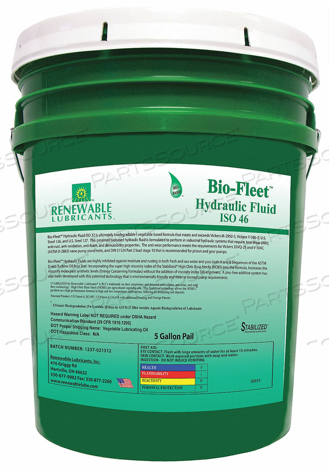 BIODEGRADABLE HYDRAULIC OIL 5 GAL ISO 46 by Renewable Lubricants