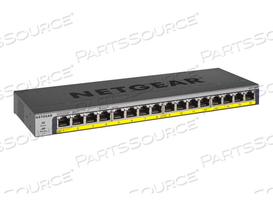 GS116PP, SWITCH, UNMANAGED, 16 X 10/100/1000 (POE+), DESKTOP, RACK-MOUNTABLE, WALL-MOUNTABLE, POE+ (183 W) by Netgear GS116PP, SWITCH, UNMANAGED, 16 X 10/100/1000 (POE+), DESKTOP, RACK-MOUNTABLE, WALL-MOUNTABLE, POE+ (183 W) by Netgear